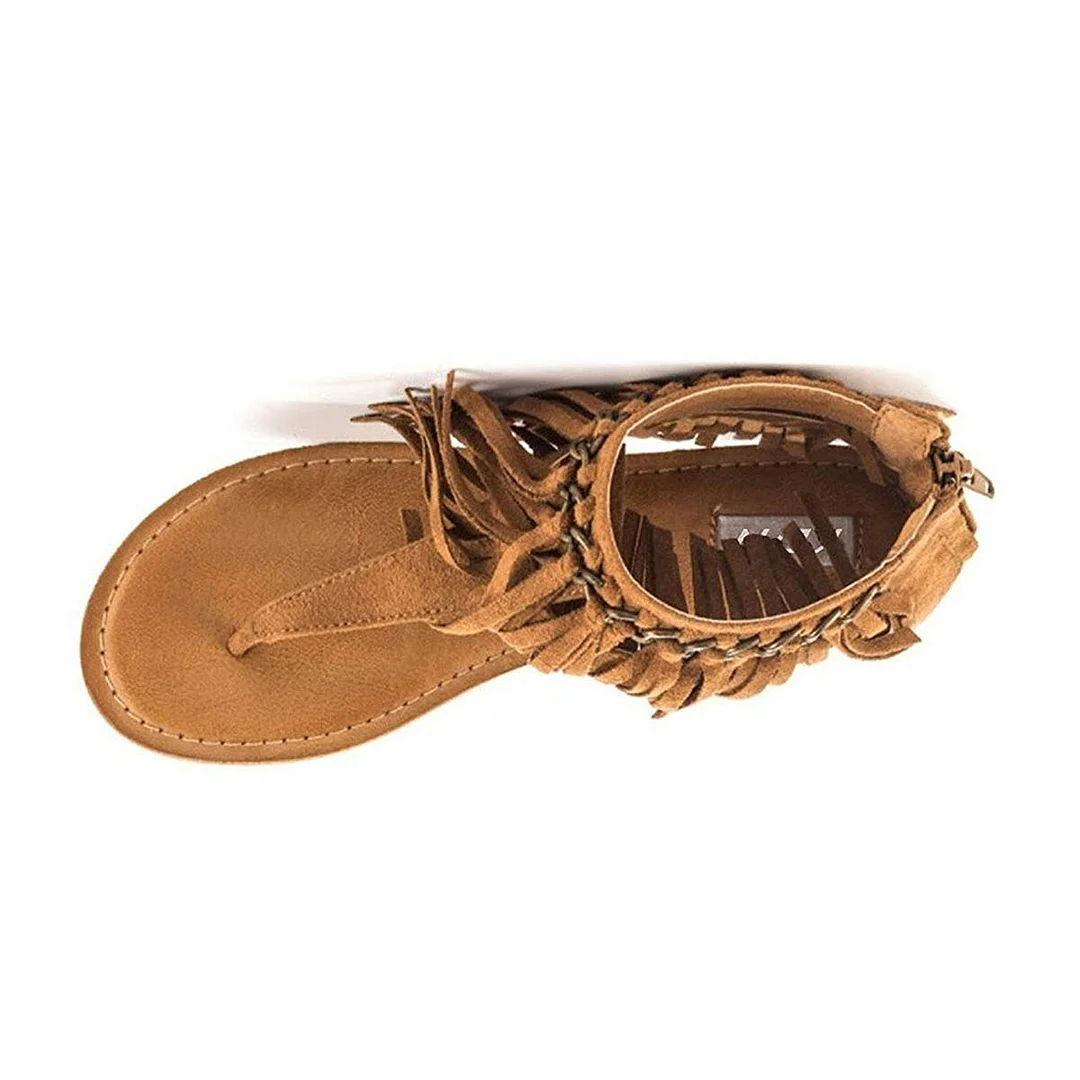 Tan Vegan Suede Round Toe Flip Flop Flat Boho Sandals with Tassels
