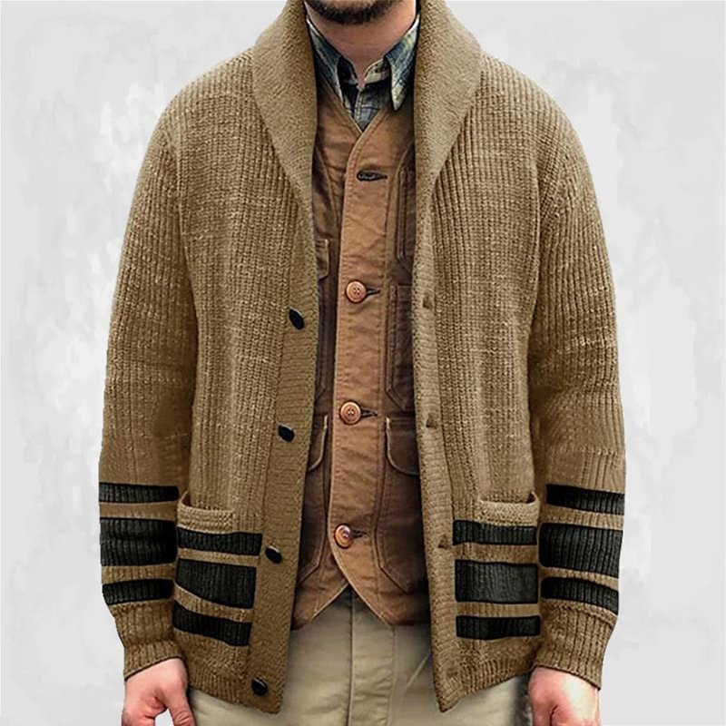 Men's Retro Lapel Long Sleeve Jacquard Sweater Cardigan