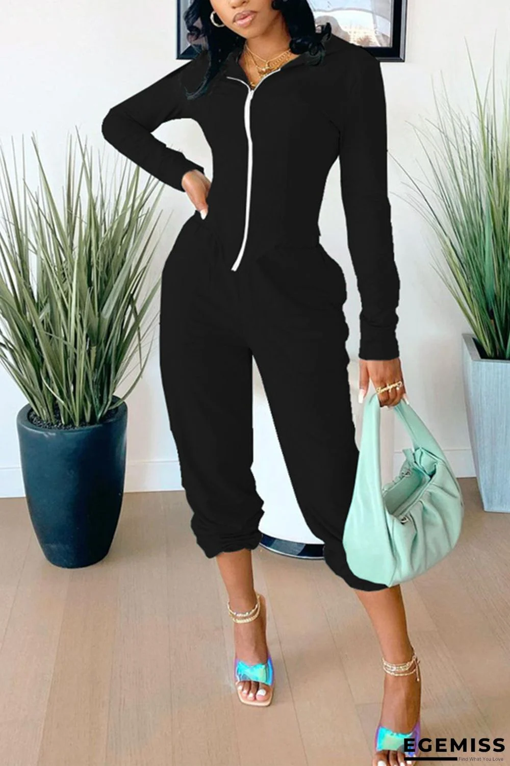 Black Fashion Casual Solid Basic Hooded Collar Long Sleeve Two Pieces | EGEMISS