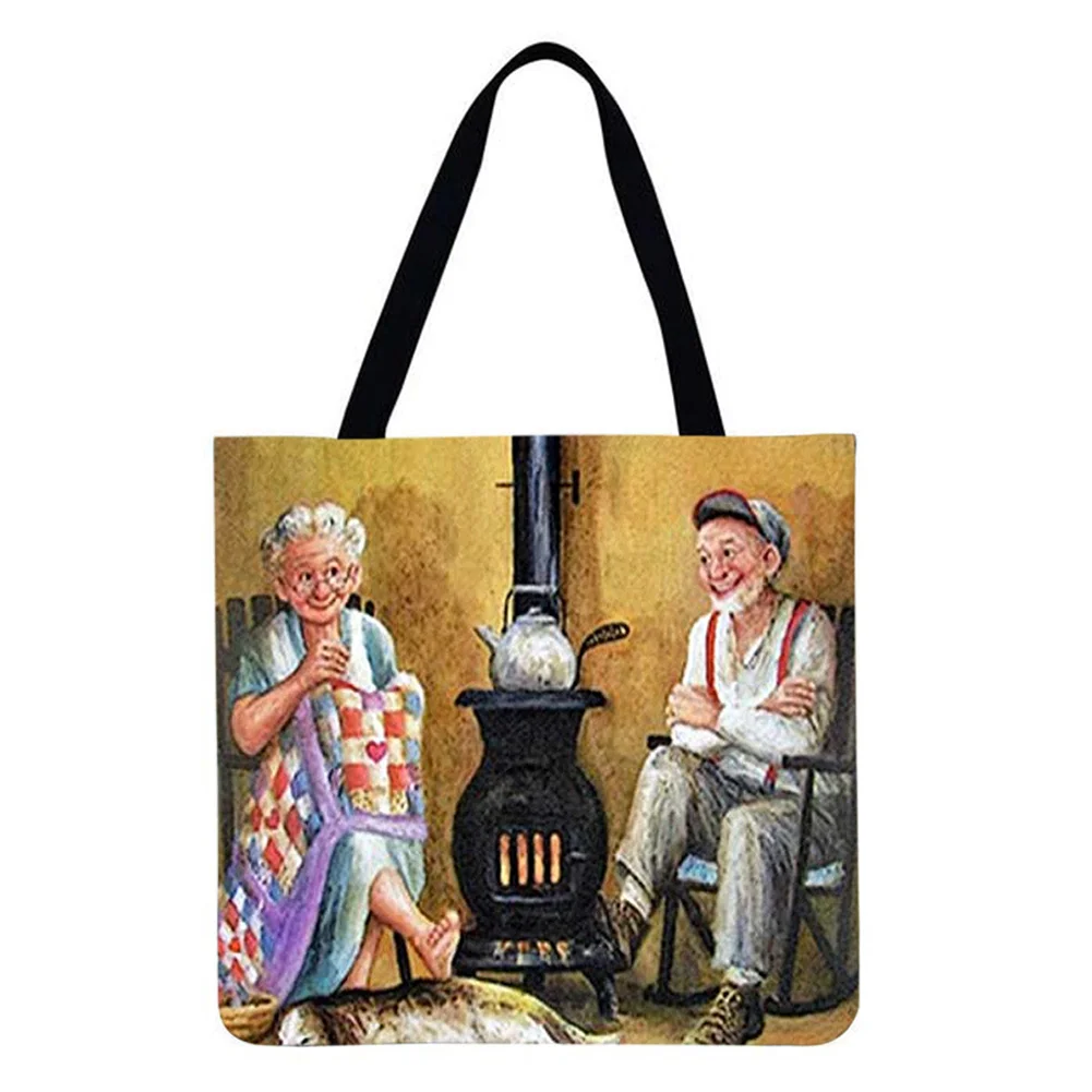 Linen Tote Bag-Elderly couple