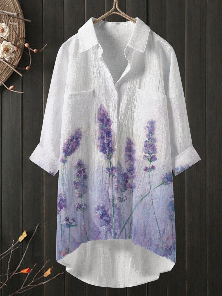 Temperament Lavender Printed Cotton Linen Shirt Loose Shirt Top