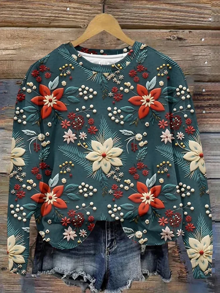 Women's Floral Embroidery Pattern Art Print Sweatshirt