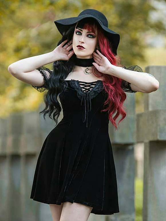 Women Gothic Midi Dress Black Bateau Neck Short Sleeve Dress Novameme