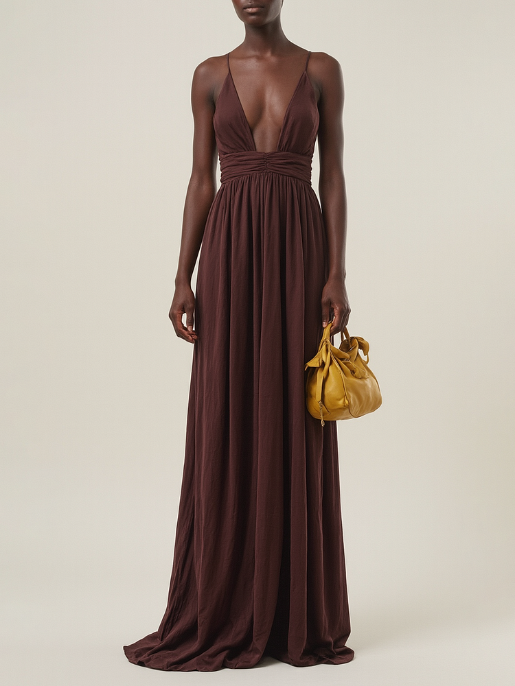 Brown Low-cut Pleated Maxi Dress