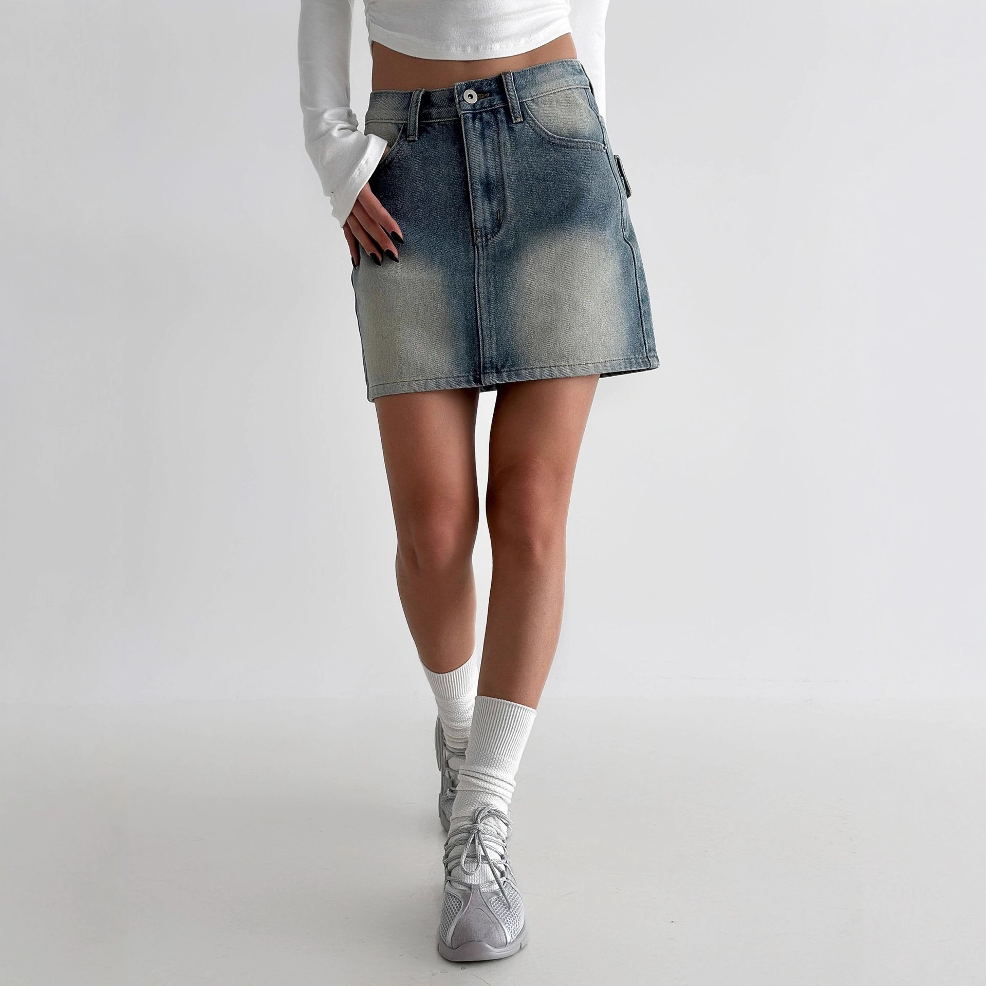 Vintage Washed Denim A-Line Mini Skirt