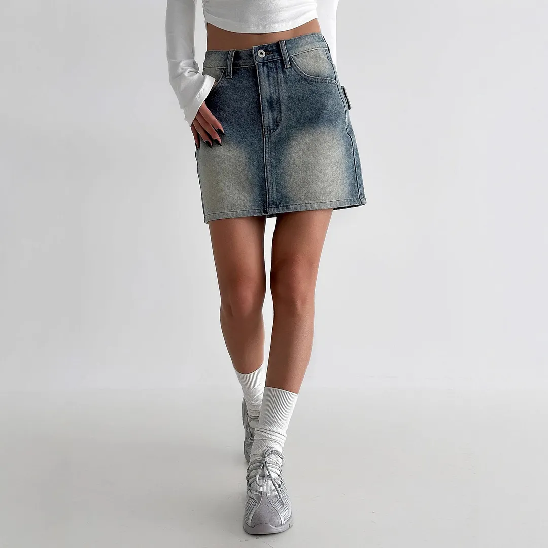 Vintage Washed Denim A-Line Mini Skirt
