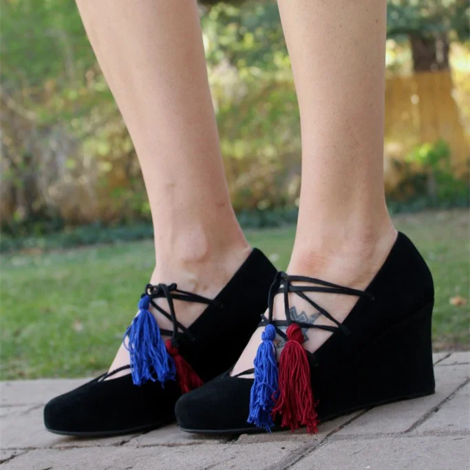 Black Closed Toe Wedges Strappy Suede Pumps with Tassels |FSJ Shoes