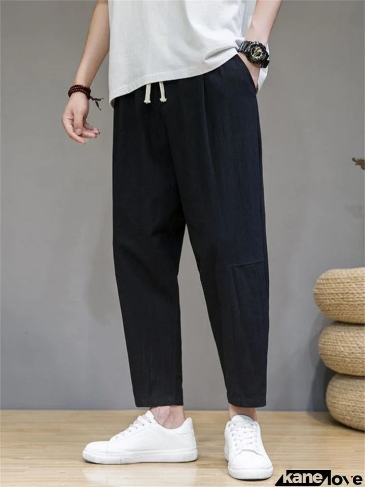 Chinese Style Summer Solid Color Cotton Blend Loose Pants for Men