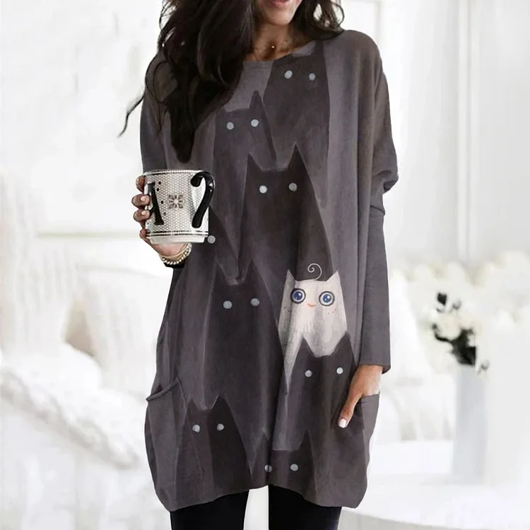 Wearshes Cat Print Crew Neck Long Sleeve Tunic