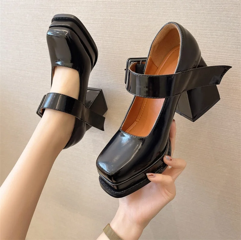2022 Gothic High-heeled Shoes Women Pumps Korean Version of The Wild Thick with Square Head Retro Mary Jane Women's Shoes