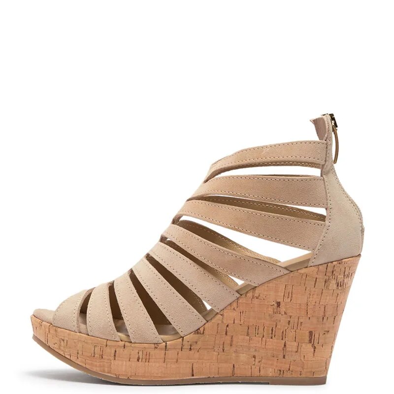TAAFO Brown Cork Platform High Wedge Heels Sandals Women Ladies Strappy Caged Shoes