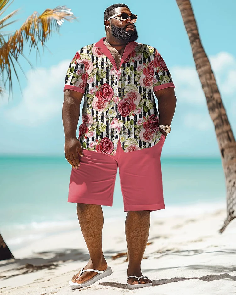 Men's Plus Size Casual Patchwork Floral Print Short Sleeve Shirt Shorts Suit