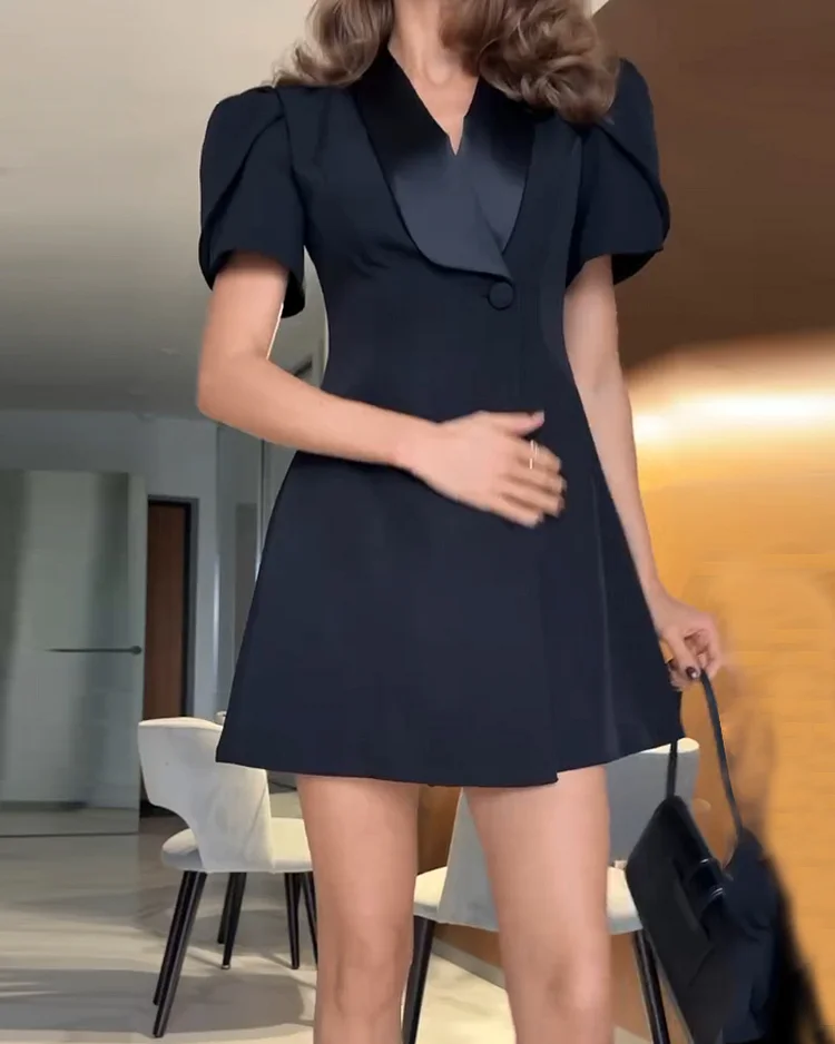 V-neck waist solid color mini dress