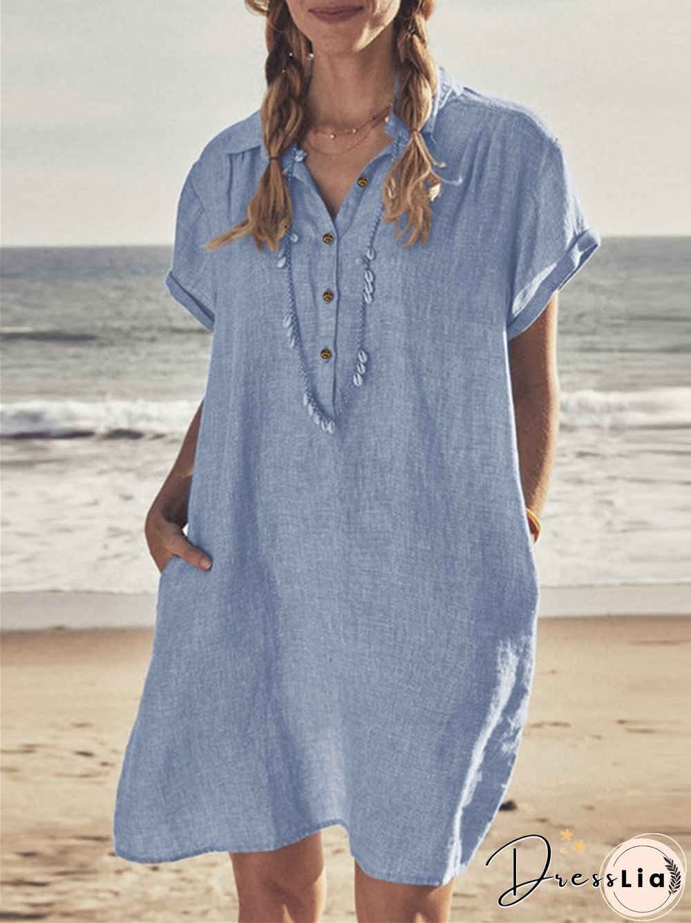 Cotton Linen Shirt Dress Pocket Dress Beach Casual Skirt