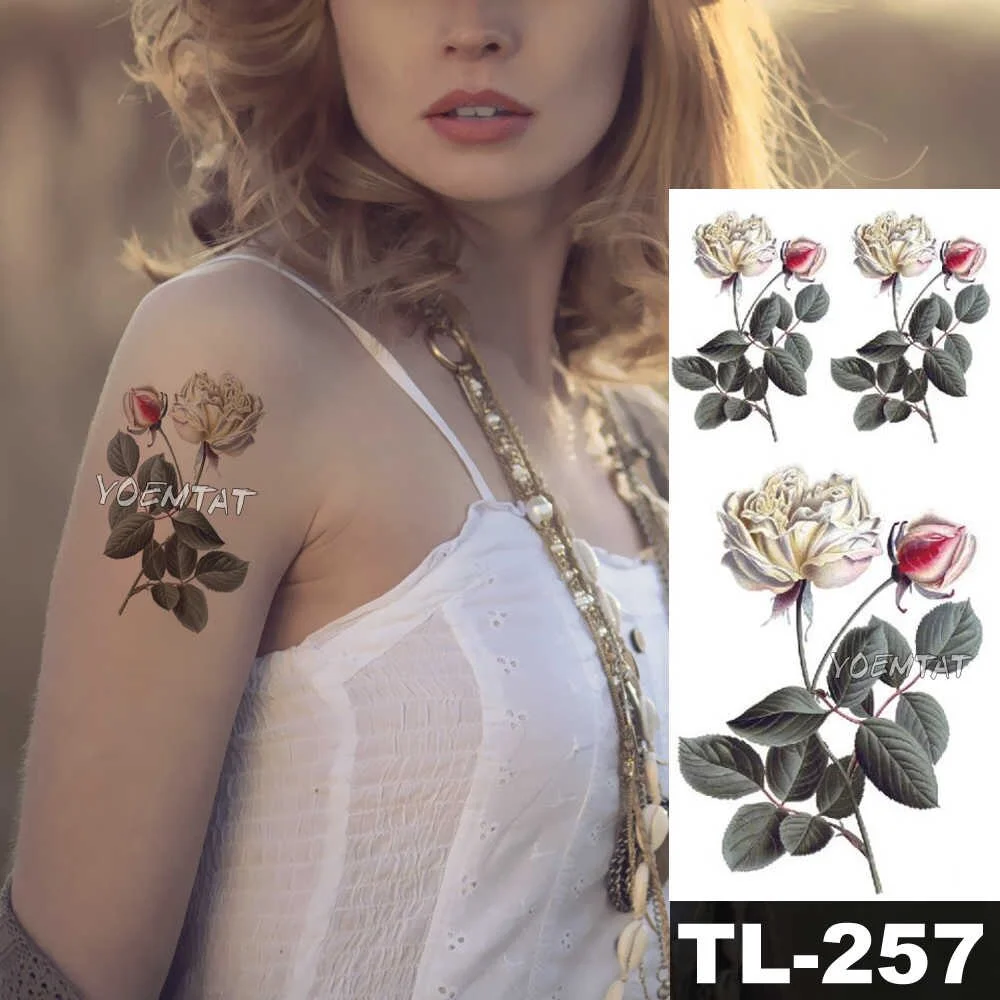 Sdrawing Watercolor Rose Lily Flower Waterproof Tattoo Stickers Women Body Chest Art Temporary Tatto Girl Waist 3D Flowers Tatoo