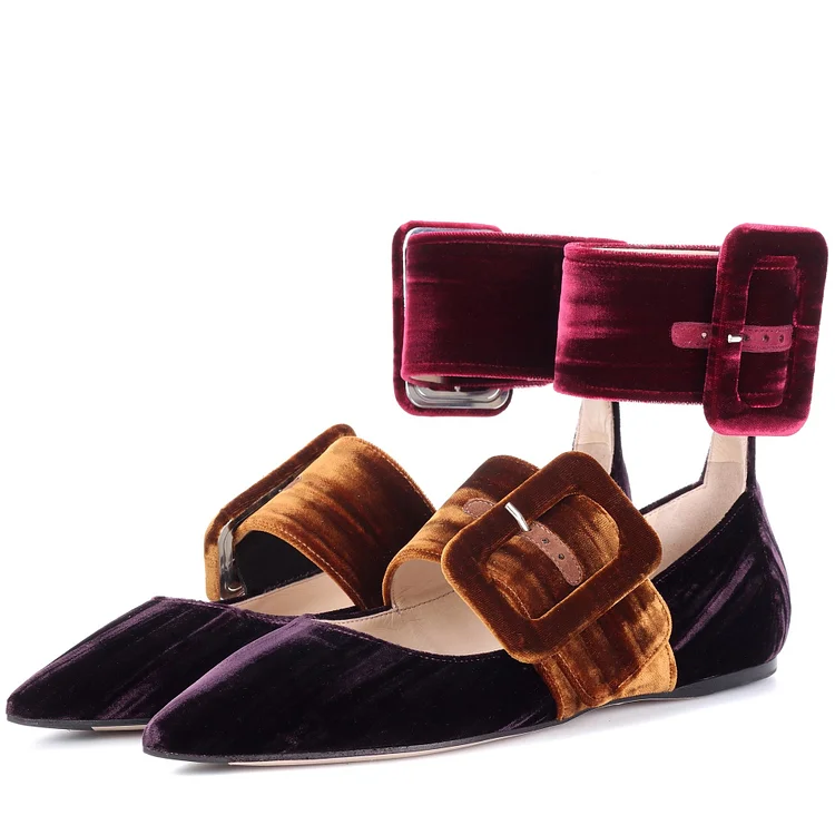Purple Velvet Mary Jane Shoes Oversized Ankle Strap Pointy Toe Flats |FSJ Shoes