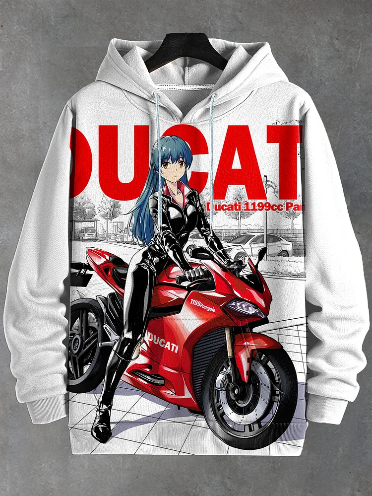 Men's Japanese Art Girl Motorcycle Ducati Print Casual Hoodie