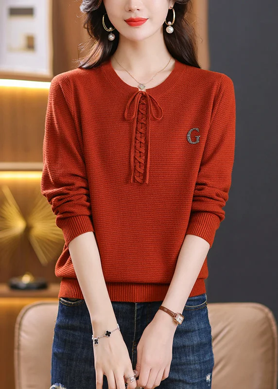 Beautiful Brick Red O Neck Lace Up Knit Short Sweater Spring