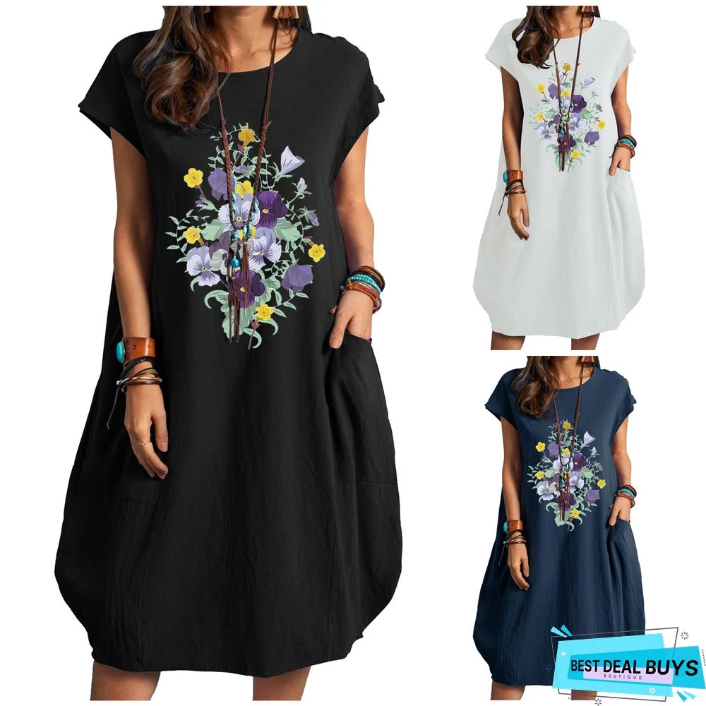 Flower Print Plus Size Cotton and Linen Pocket Dress Black Dresses