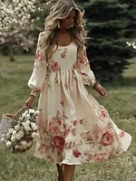Women's Vintage Pink Rose Art Flowy Maxi Dress