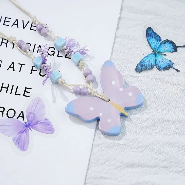 Ceramic Butterfly Pendant Necklace on an Adjustable Rope Cord