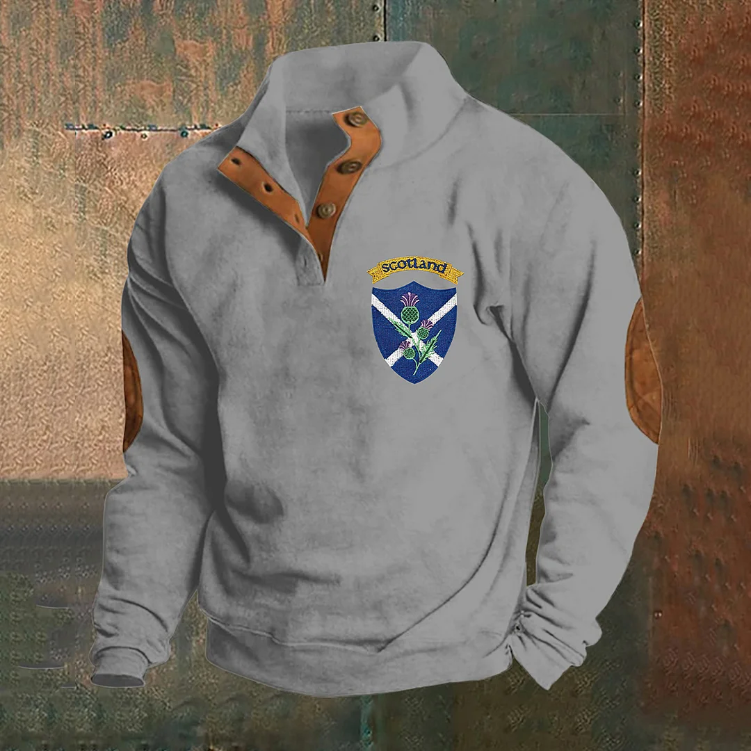 Scotland Thistle Print Stand Collar Button Sweatshirt