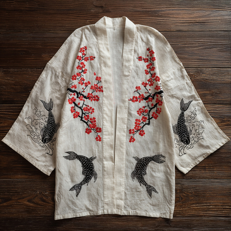 Men's Vintage Koi And Plum Blossoms Japanese Art Linen Blend Kimono Cardigan  artssus