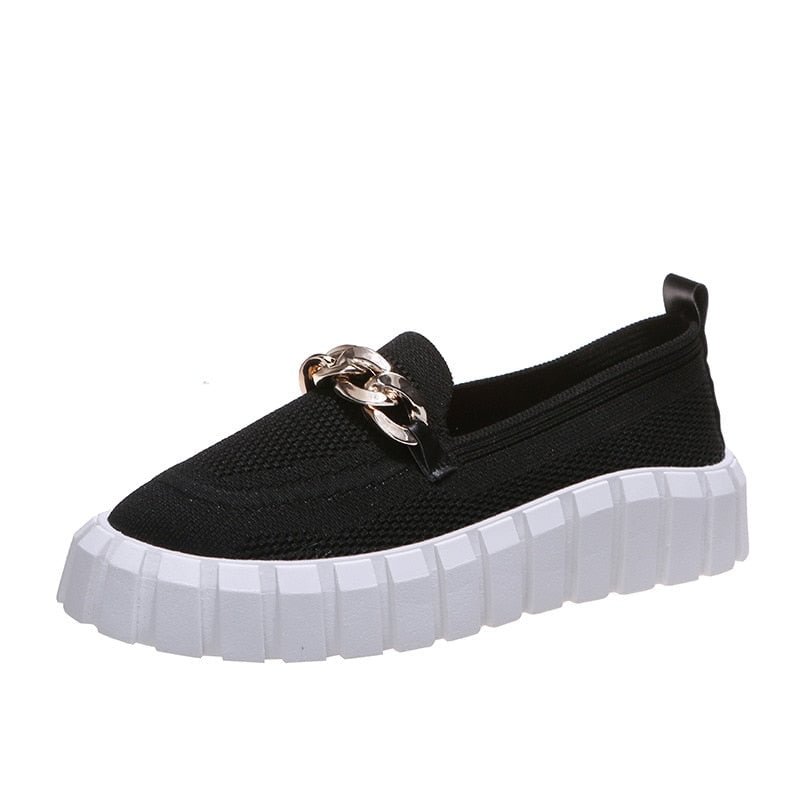 Women's Chain Loafer Flats For Women Round Toe Slip On Mesh Sneaker Casual Shoes Fabric Flats Breathable Comfy Walking Shoes