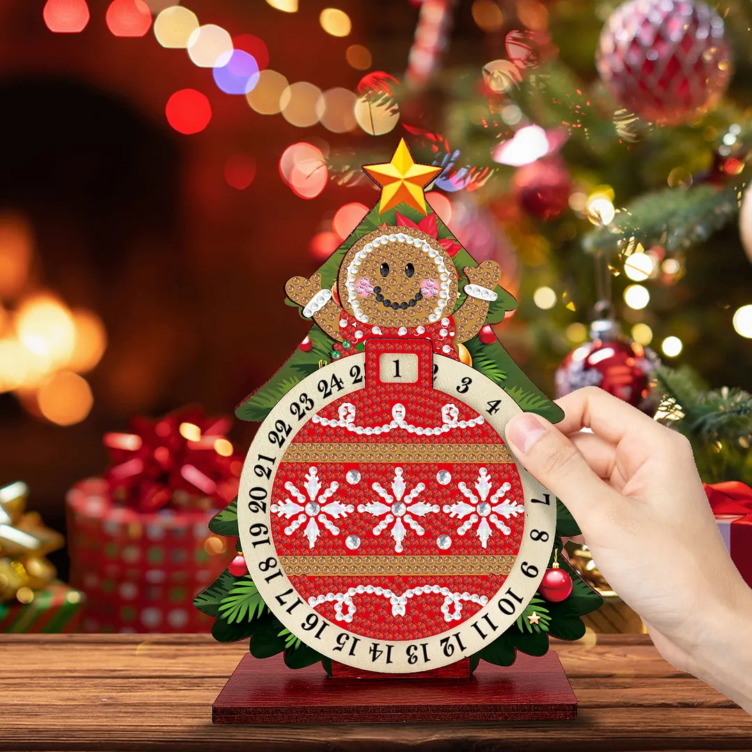Gingerbread Man DIY Christmas Countdown Diamond Painting Tabletop Ornaments Kit 25 Days Crystal Art Craft Decoration Wooden for Living Room Home Office Decoration