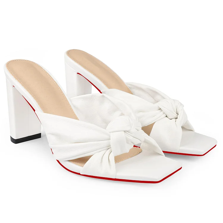 85mm Women's Chunky Heeled Mules Bow Knot Square Toe Sandals Summer Evening Party  Red Bottom Shoes Vocosi VOCOSI