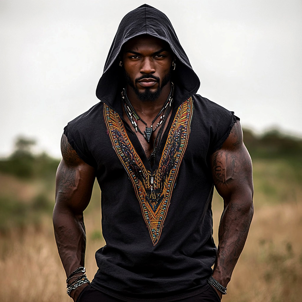 Comstylish Men's African Ethnic Geometric Art Hooded Linen Tank Top