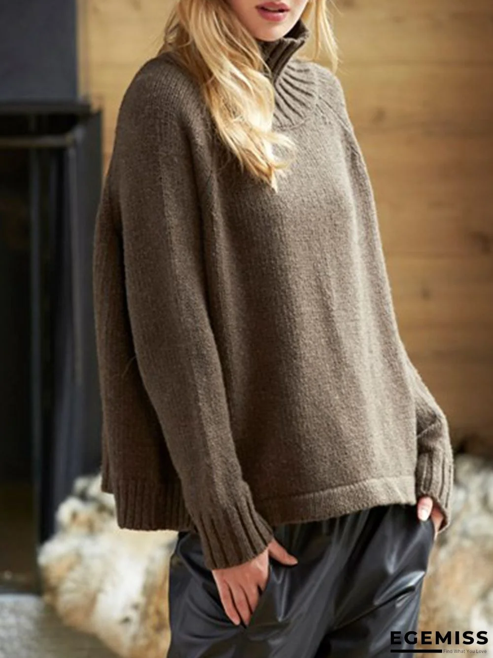 Black-Brown Solid Turtleneck Knitted Long Sleeve plus size Sweater | EGEMISS