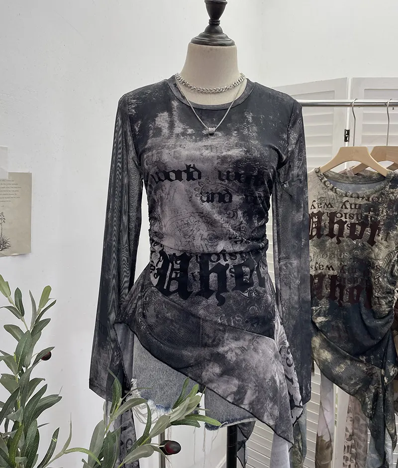 Uveng Real Shooting Babes Long Sleeves And Jersey Net Yarn Dye Printing Irregular Lotus Leaf Edge Ribbon Folding Top 9998