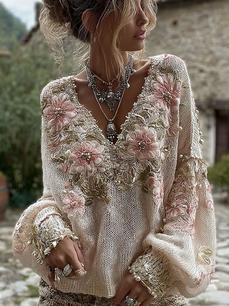 Comstylish Women's Pink Flowers Art V-neck Cozy Knit Sweater