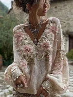 Women's Pink Flowers Art V-neck Cozy Knit Sweater