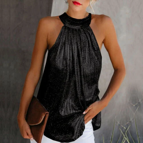 Women Gold Blouse 2020 New Fashion High Neck Sleeveless Hatler Tank Top Vest Summer Casual Loose Blouse Shirt Tee