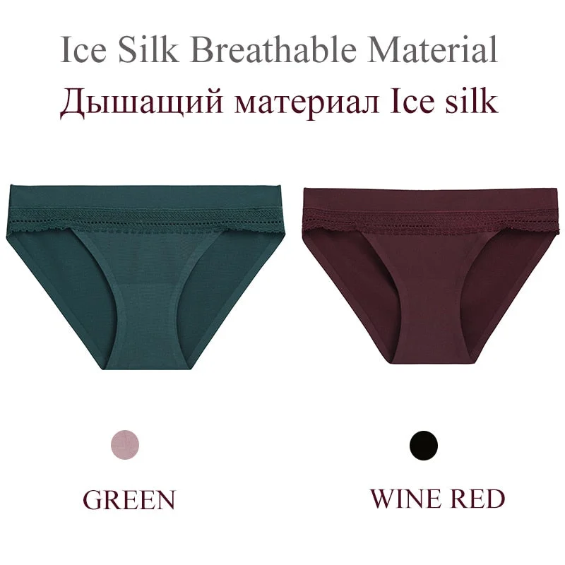 FINETOO 2PCS/Set Woman Lace Sexy Panties Ice Silk Women Underwear Seamless Low-Rise Lingerie Female Breathable Girls Panty 2021