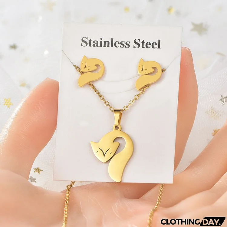 Women's Creative Stainless Steel Gold Plated Animal Heart Necklace Earrings 2Pcs/Set