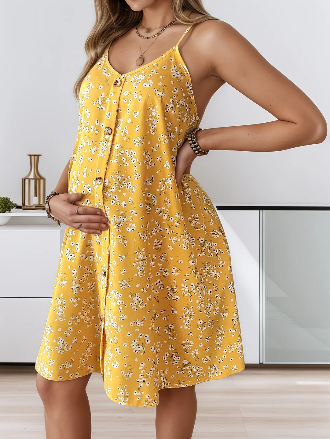 Elegant Yellow Floral Print Maternity Dress With Adjustable Spaghetti Straps, Front Button Detail, And Side Slit - Perfect For Summer Casual Wear, Maternity Summer Dress | Floral Print Dress | Polyester Fabric, Maternity Clothe | IFYHOME