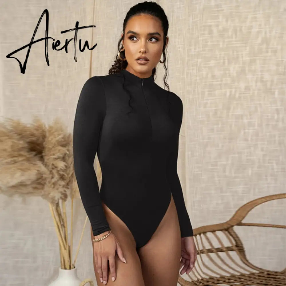 Aiertu long sleeve front zipper v neck women sexy body high stretchy basic bodysuit Aiertu