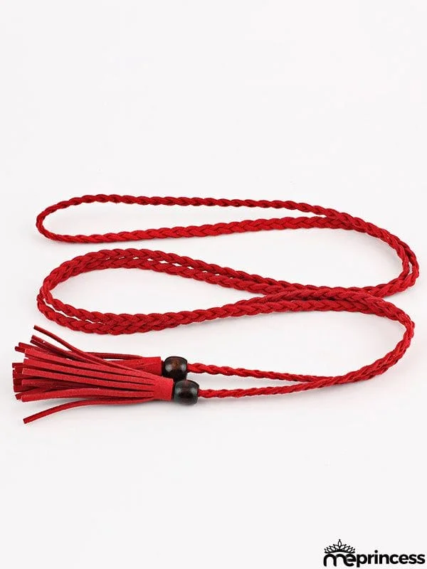 Bohemia Artificial Leather Weave Tasseled Solid Color Belt