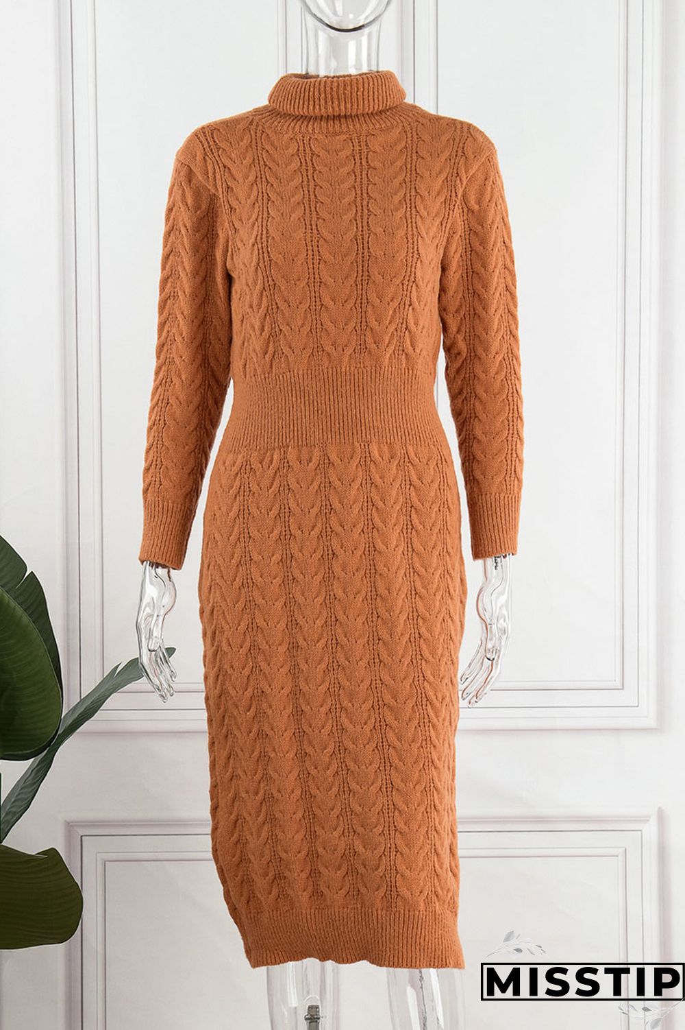 Light Brown Casual Solid Patchwork Turtleneck Straight Dresses(Without Belt)