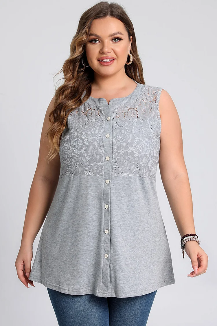 Plus Size Lace Stitching Button Up Tank Top  Flycurvy [product_label]