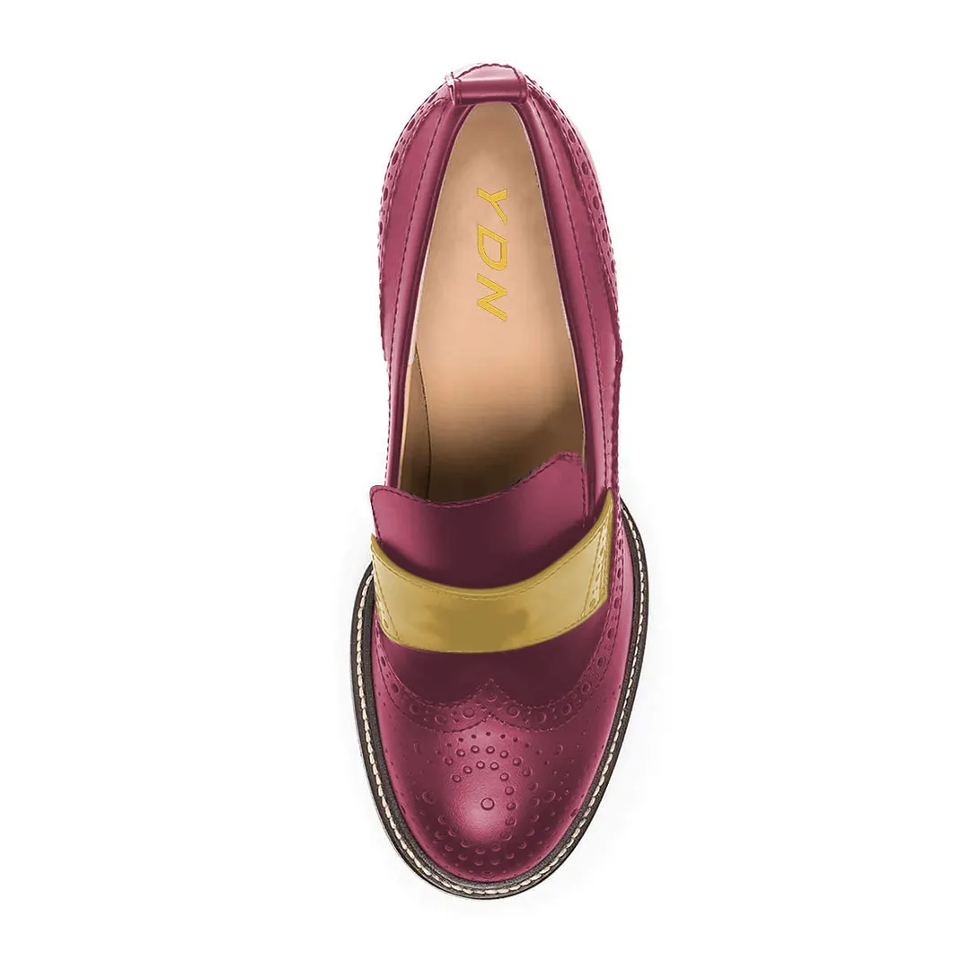 Magenta & Yellow Perforated Detail Loafer Heels with Round Toe