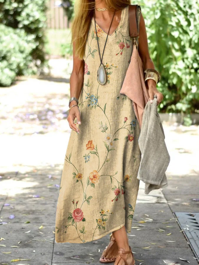 Vacation Retro Floral Sleeveless V-neck Loose Dress