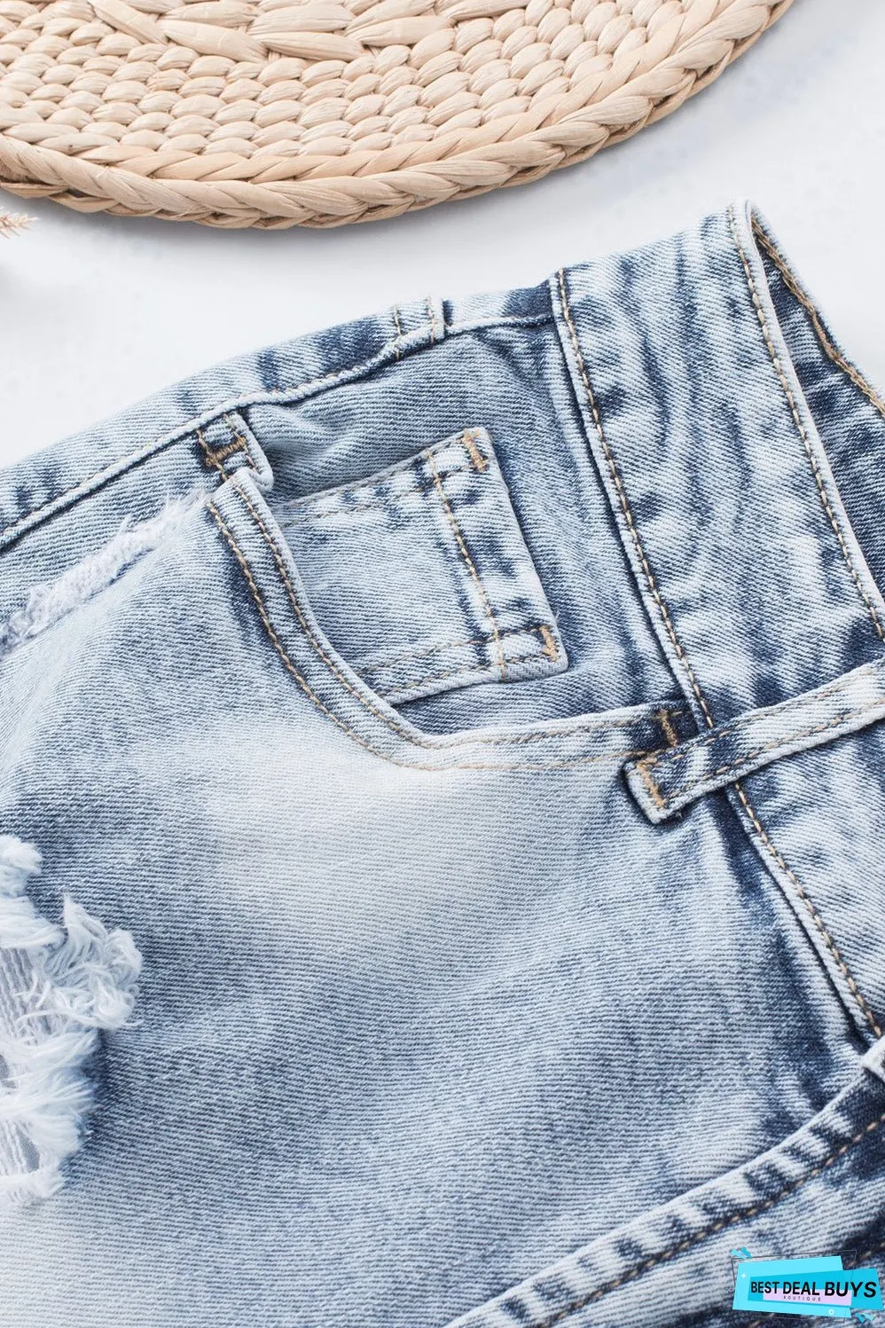 Bleached Wash Distressed Denim Shorts