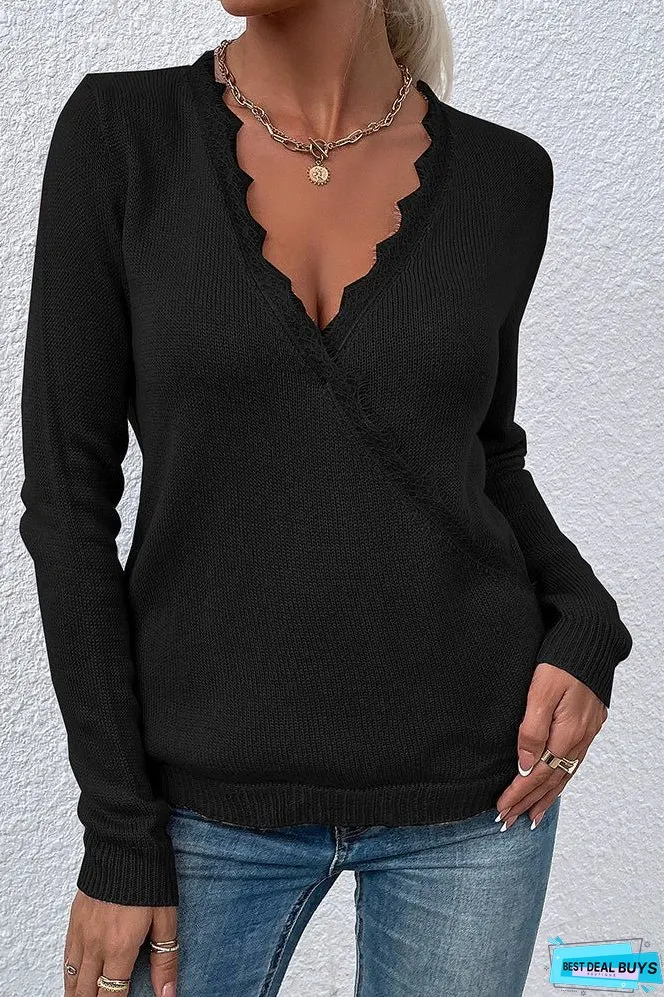 Autumn Outfits Deep V Neck Lace Splicing Knitting Sweater