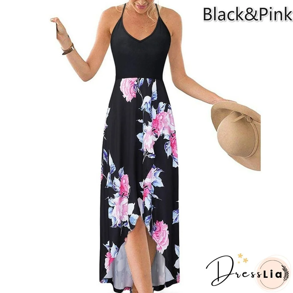 Women&rsquo;s Fashion Summer Casual Floral Printed V-Neck Sling Dress High Waist Big Swing Dress Backless Dress