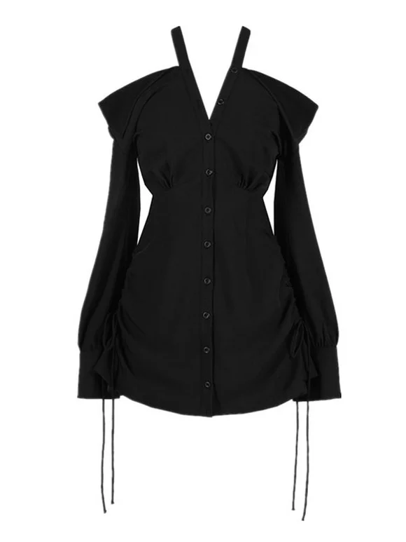 Gothic Lolita One Piece Dress Black Long Sleeve Pleated Short Lolita Dress Novameme