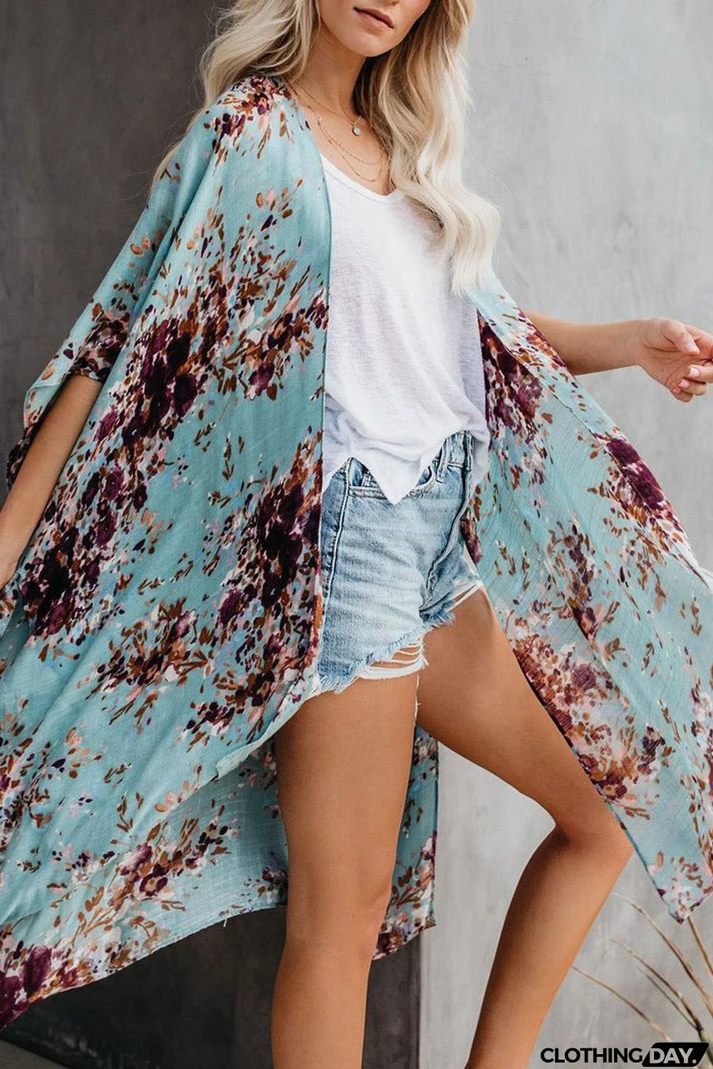 Floral Kimono Sleeves Chiffon Loose Beach Cover Up